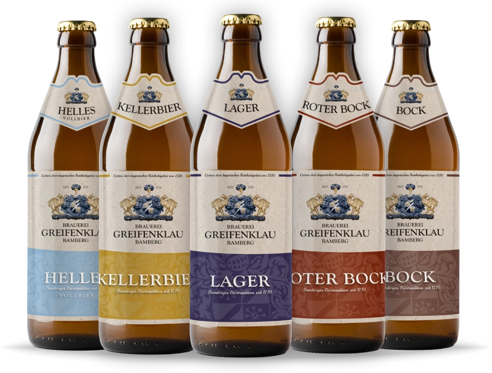 Abbildung der Greifenklau-Biersorten Helles, Kellerbier, Lager, Roter Bock und Bock